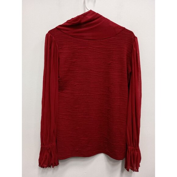 Laura Hlavac Womens Cowl Neck Top XL Red Textured Sheer Bishop Sleeve BOHO - Picture 7 of 9